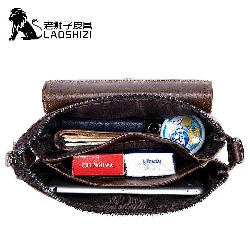 LAOSHIZI New Fashion Crossbody Bag100% Genuine Leather Men's Messenger Bags Handbags Flap Shoulder Bag Men Travel Bolso Torebka