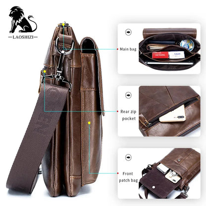 LAOSHIZI New Fashion Crossbody Bag100% Genuine Leather Men's Messenger Bags Handbags Flap Shoulder Bag Men Travel Bolso Torebka
