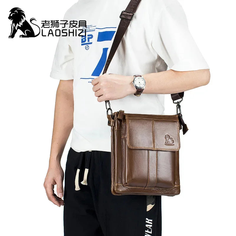 LAOSHIZI New Fashion Crossbody Bag100% Genuine Leather Men's Messenger Bags Handbags Flap Shoulder Bag Men Travel Bolso Torebka