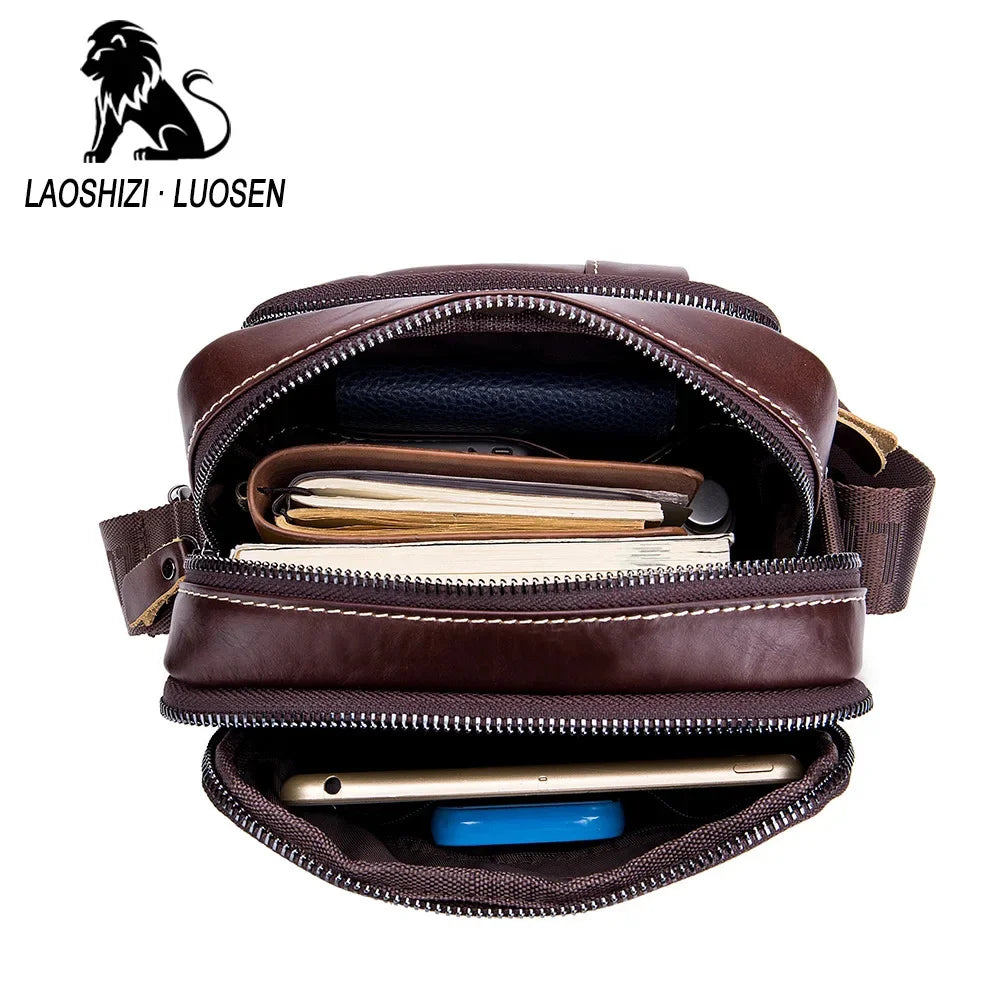 LAOSHIZI New Fashion Men's Genuine Leather Crossbody 100% Cowhide Men Convenient Satchel Multifunctional Casual Shoulder Bag