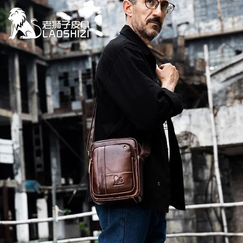 LAOSHIZI New Fashion Men's Genuine Leather Crossbody 100% Cowhide Men Convenient Satchel Multifunctional Casual Shoulder Bag