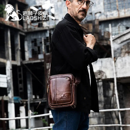 LAOSHIZI New Fashion Men's Genuine Leather Crossbody 100% Cowhide Men Convenient Satchel Multifunctional Casual Shoulder Bag