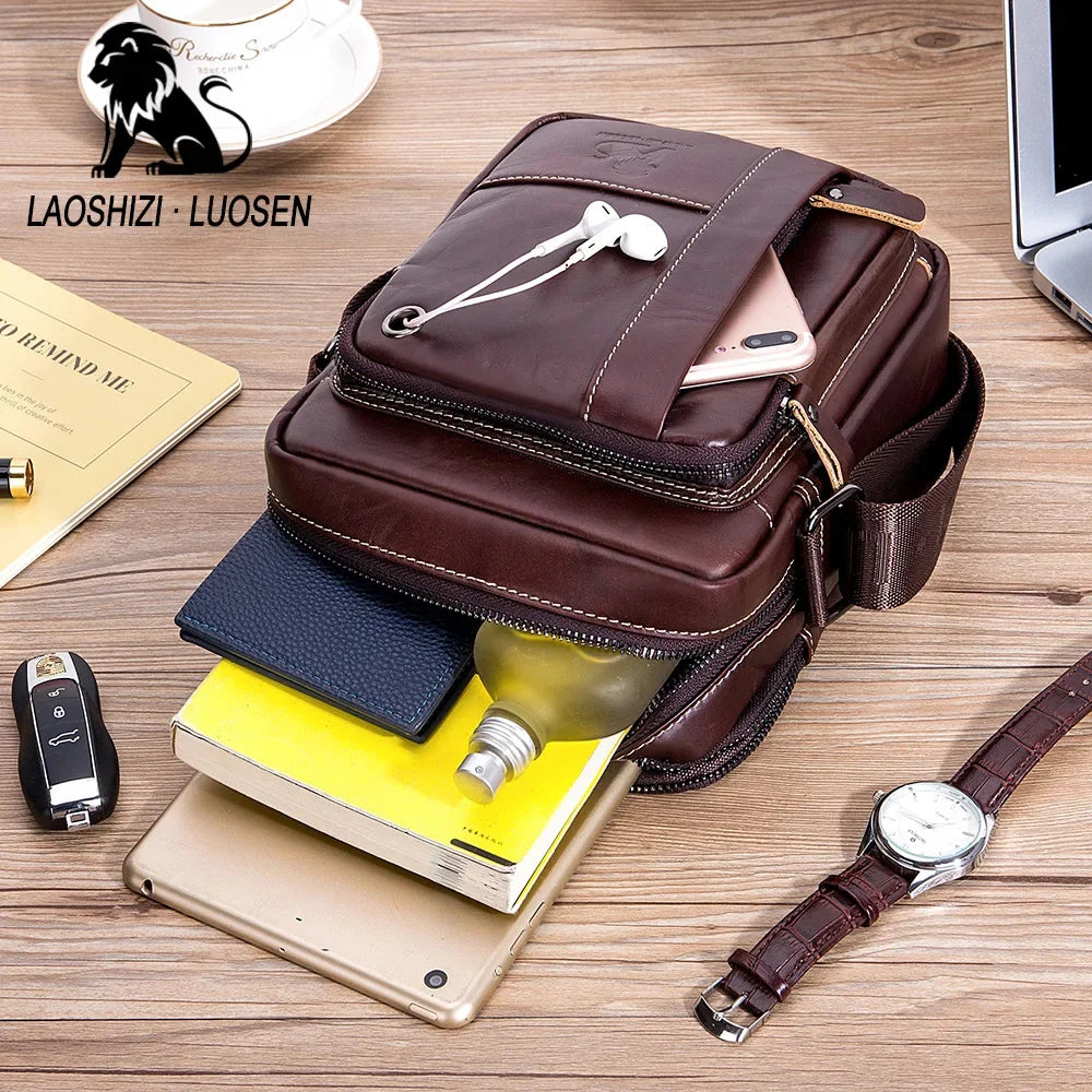 LAOSHIZI New Fashion Men's Genuine Leather Crossbody 100% Cowhide Men Convenient Satchel Multifunctional Casual Shoulder Bag