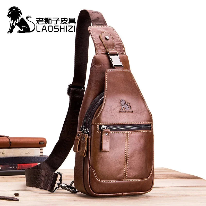 LAOSHIZI New High-end Leather Chest Retro Casual Men's Authentic Messenger Large-capacity Shoulder Storage Bag