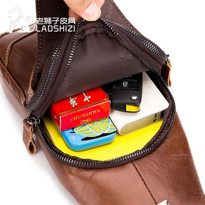 LAOSHIZI New High-end Leather Chest Retro Casual Men's Authentic Messenger Large-capacity Shoulder Storage Bag