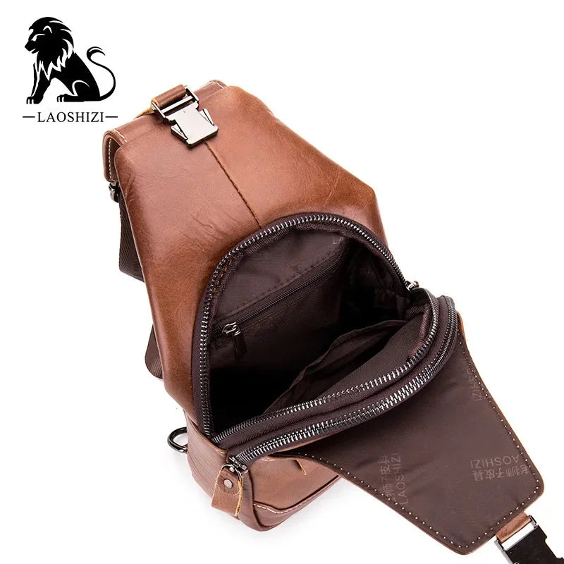 LAOSHIZI New High-end Leather Chest Retro Casual Men's Authentic Messenger Large-capacity Shoulder Storage Bag