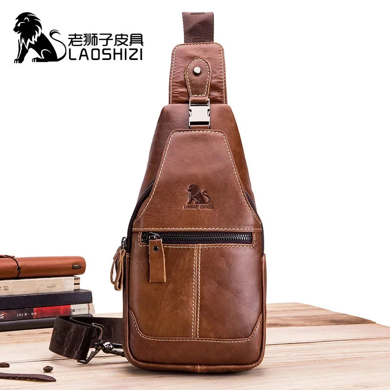 LAOSHIZI New High-end Leather Chest Retro Casual Men's Authentic Messenger Large-capacity Shoulder Storage Bag