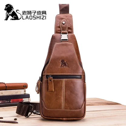 LAOSHIZI New High-end Leather Chest Retro Casual Men's Authentic Messenger Large-capacity Shoulder Storage Bag