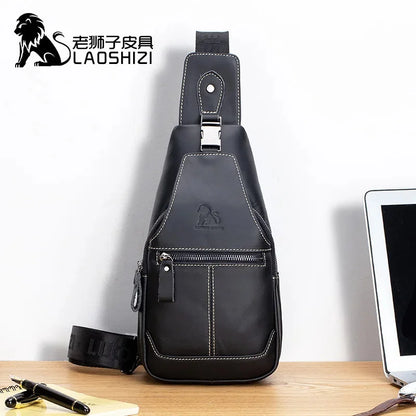 LAOSHIZI New High-end Leather Chest Retro Casual Men's Authentic Messenger Large-capacity Shoulder Storage Bag