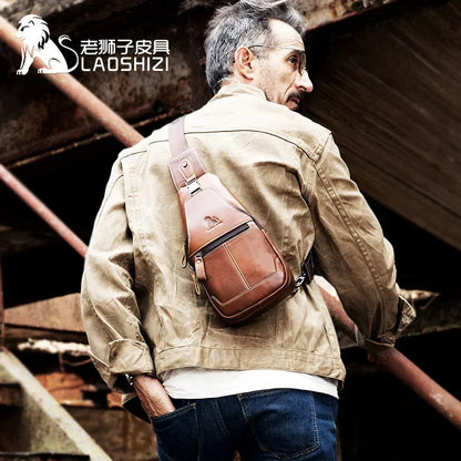 LAOSHIZI New High-end Leather Chest Retro Casual Men's Authentic Messenger Large-capacity Shoulder Storage Bag