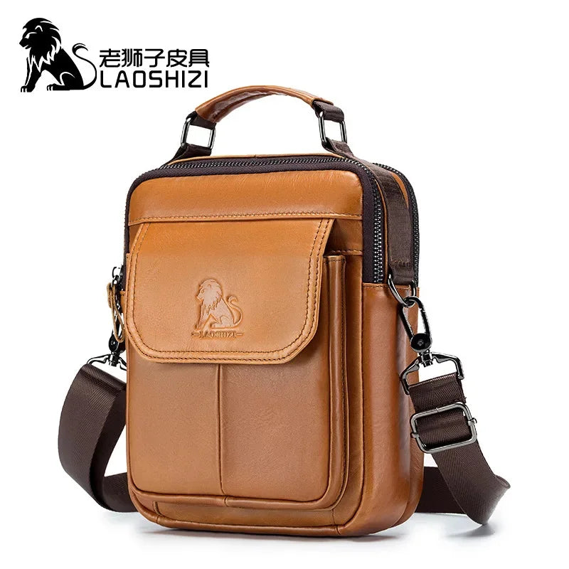 LAOSHIZI New Luxury Genuine Leather Shoulder Multifunctional Casual Crossbody Bag 100% Cowhide Men's Handbag