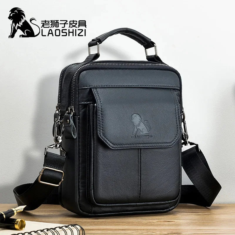 LAOSHIZI New Luxury Genuine Leather Shoulder Multifunctional Casual Crossbody Bag 100% Cowhide Men's Handbag