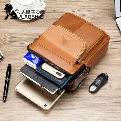 LAOSHIZI New Luxury Genuine Leather Shoulder Multifunctional Casual Crossbody Bag 100% Cowhide Men's Handbag