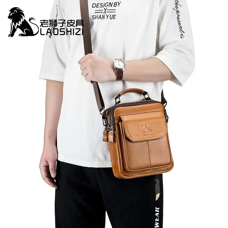 LAOSHIZI New Luxury Genuine Leather Shoulder Multifunctional Casual Crossbody Bag 100% Cowhide Men's Handbag