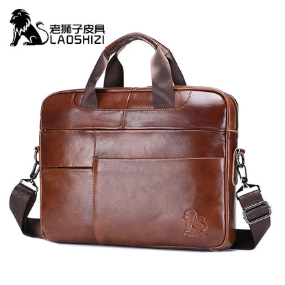 LAOSHIZI New Men's Genuine Briefcase Business Leisure Handbag Cowhide Leather Multifunctional Computer Shoulder Bag