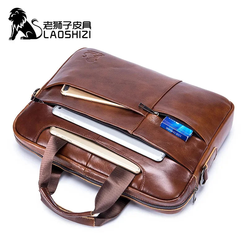 LAOSHIZI New Men's Genuine Briefcase Business Leisure Handbag Cowhide Leather Multifunctional Computer Shoulder Bag