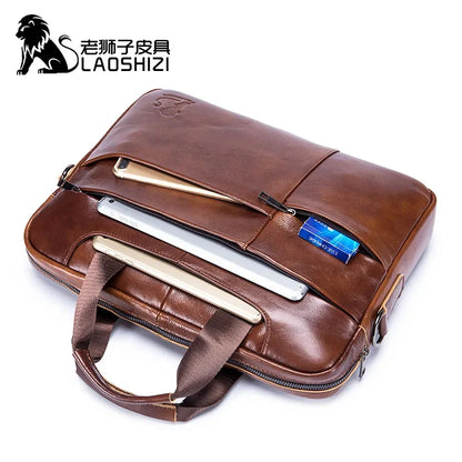 LAOSHIZI New Men's Genuine Briefcase Business Leisure Handbag Cowhide Leather Multifunctional Computer Shoulder Bag