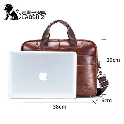 LAOSHIZI New Men's Genuine Briefcase Business Leisure Handbag Cowhide Leather Multifunctional Computer Shoulder Bag