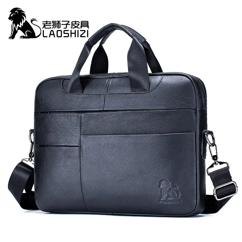 LAOSHIZI New Men's Genuine Briefcase Business Leisure Handbag Cowhide Leather Multifunctional Computer Shoulder Bag
