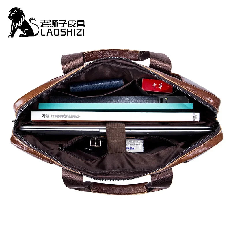 LAOSHIZI New Men's Genuine Briefcase Business Leisure Handbag Cowhide Leather Multifunctional Computer Shoulder Bag