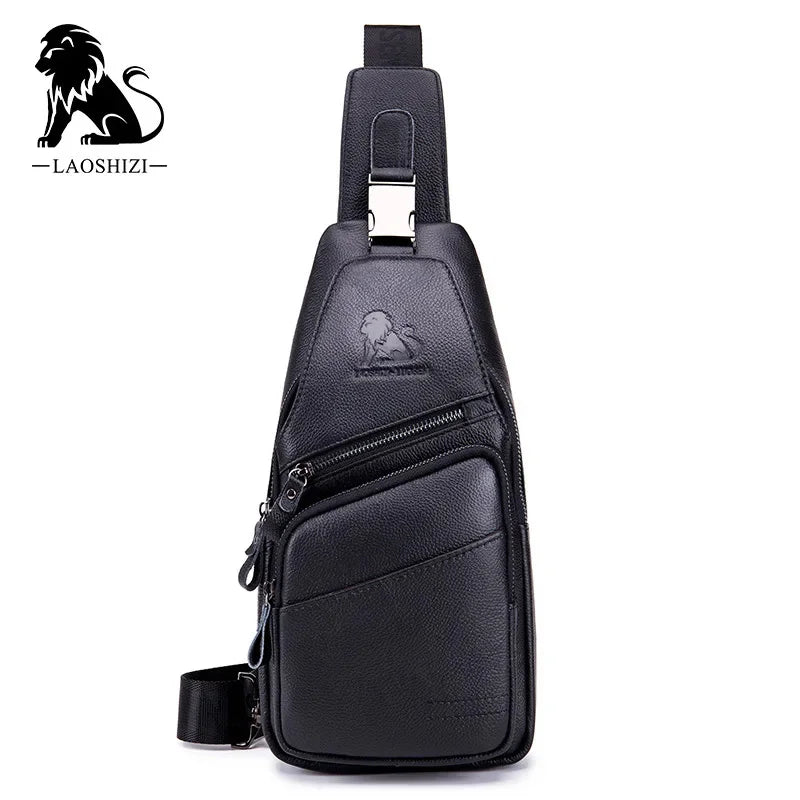 LAOSHIZI Sports Genuine Leather Chest Fashion Shoulder Large-capacity Leisure Business Men's Travel Bag