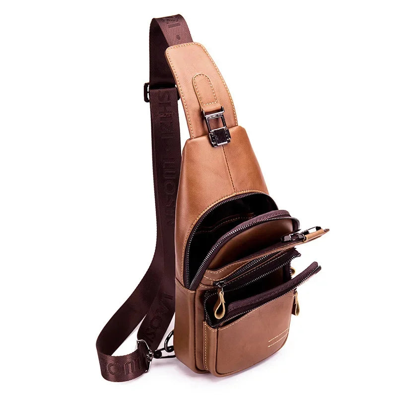 LAOSHIZI Sports Genuine Leather Chest Fashion Shoulder Large-capacity Leisure Business Men's Travel Bag