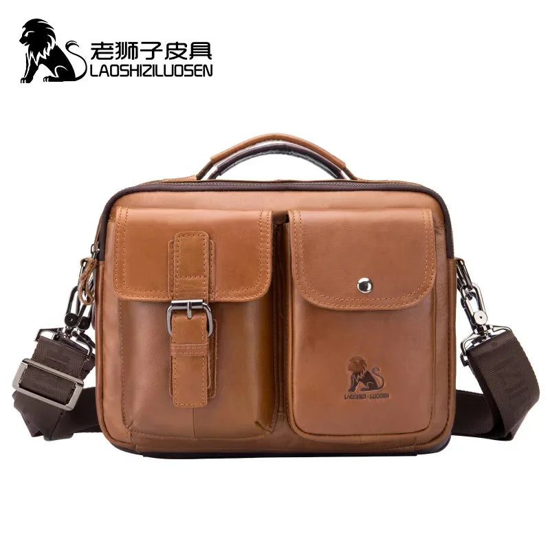 LAOSHIZI Vintage Men Genuine Leather Briefcase Shoulder Soft Cowhide Messenger Bag Male Handbags Business Casual Tote