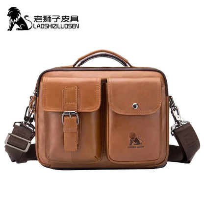 LAOSHIZI Vintage Men Genuine Leather Briefcase Shoulder Soft Cowhide Messenger Bag Male Handbags Business Casual Tote