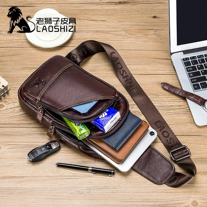 LAOSHIZI 's Brand Chest 100% Genuine Leather Shoulder Husband Side for Messenger Travel Men Designer Bag