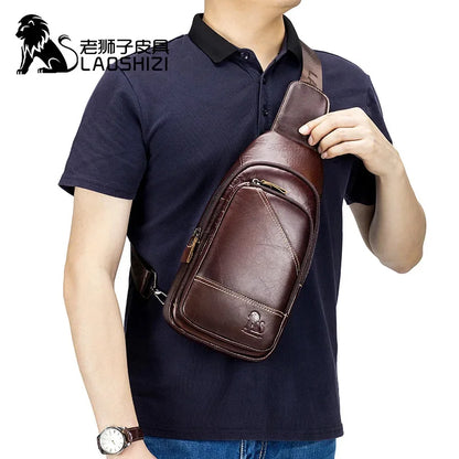 LAOSHIZI 's Brand Chest 100% Genuine Leather Shoulder Husband Side for Messenger Travel Men Designer Bag