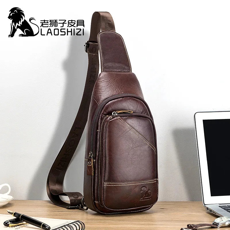 LAOSHIZI 's Brand Chest 100% Genuine Leather Shoulder Husband Side for Messenger Travel Men Designer Bag
