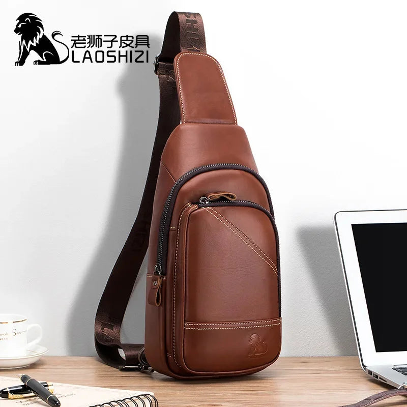 LAOSHIZI 's Brand Chest 100% Genuine Leather Shoulder Husband Side for Messenger Travel Men Designer Bag