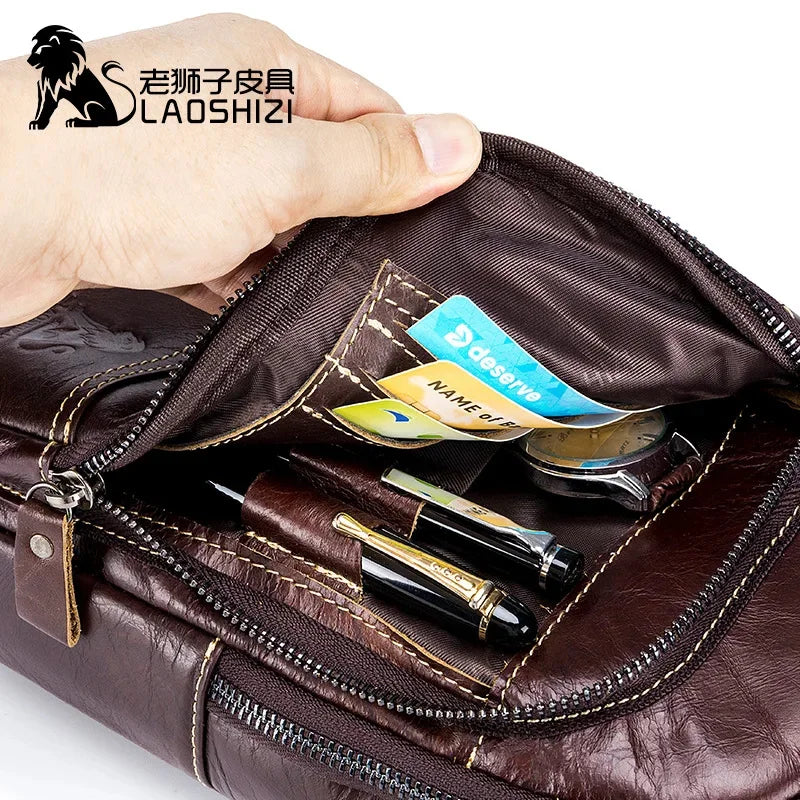 LAOSHIZI 's Brand Chest 100% Genuine Leather Shoulder Husband Side for Messenger Travel Men Designer Bag