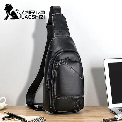 LAOSHIZI 's Brand Chest 100% Genuine Leather Shoulder Husband Side for Messenger Travel Men Designer Bag