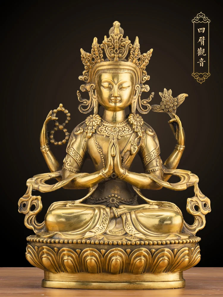 LARGE GOOD Wholesale buddha statue Asia Buddhism Buddha brass statue Tantra Four arm Avalokitesvara guanyin Buddha talisman