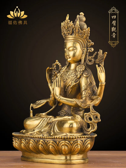 LARGE GOOD Wholesale buddha statue Asia Buddhism Buddha brass statue Tantra Four arm Avalokitesvara guanyin Buddha talisman