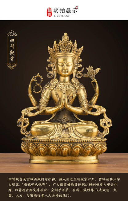 LARGE GOOD Wholesale buddha statue Asia Buddhism Buddha brass statue Tantra Four arm Avalokitesvara guanyin Buddha talisman