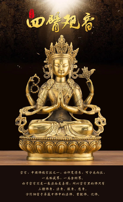 LARGE GOOD Wholesale buddha statue Asia Buddhism Buddha brass statue Tantra Four arm Avalokitesvara guanyin Buddha talisman