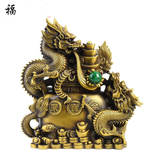 LARGE HOME office SHOP Business ART thriving business  wealth GOOD LUCK  Mascot # Double dragons GOD FENG SHUI Brass statue