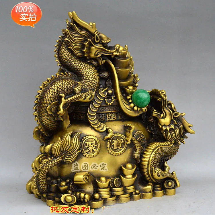 LARGE HOME office SHOP Business ART thriving business  wealth GOOD LUCK  Mascot # Double dragons GOD FENG SHUI Brass statue