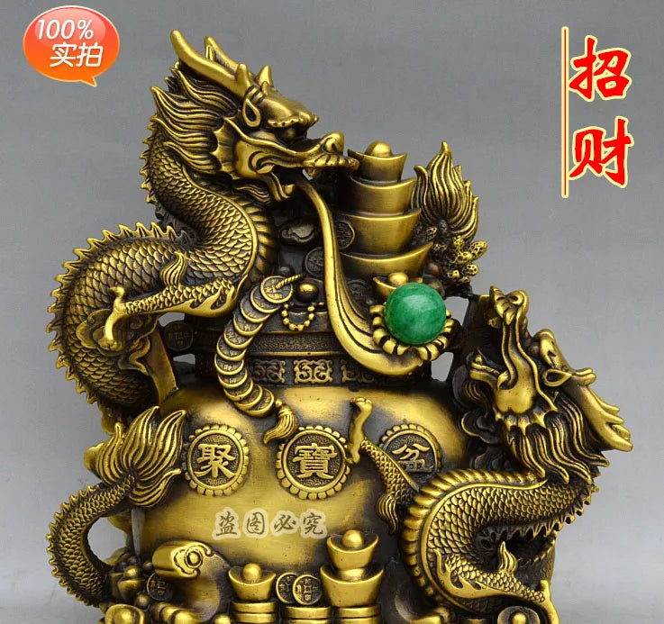 LARGE HOME office SHOP Business ART thriving business  wealth GOOD LUCK  Mascot # Double dragons GOD FENG SHUI Brass statue