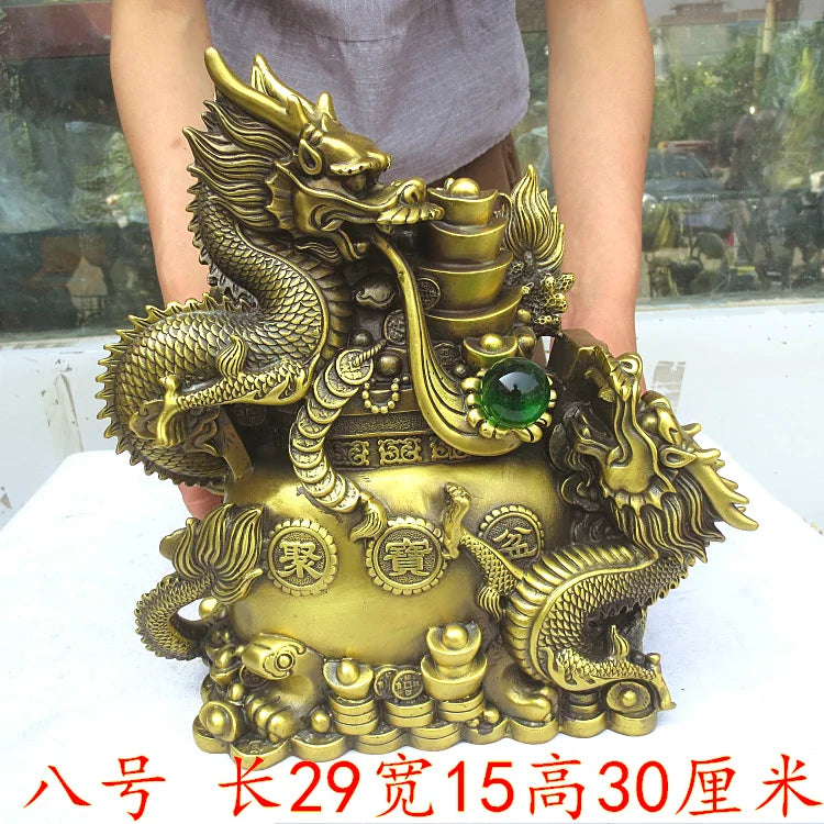 LARGE HOME office SHOP Business ART thriving business  wealth GOOD LUCK  Mascot # Double dragons GOD FENG SHUI Brass statue