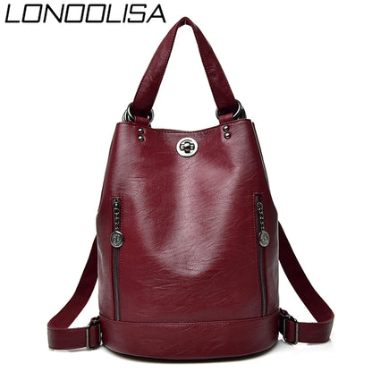 LONOOLISA 3-in-1 Women Backpack Leather Shoulder Bag Female Rucksack High Capacity Women School Bags For Teenage Girls Mochila