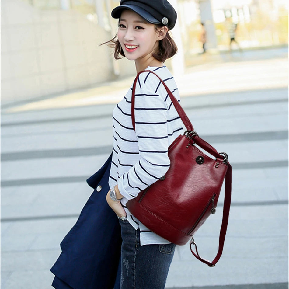 LONOOLISA 3-in-1 Women Backpack Leather Shoulder Bag Female Rucksack High Capacity Women School Bags For Teenage Girls Mochila