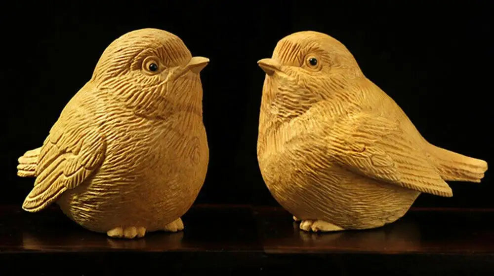 LS007ca - 5x6x4.2 CM Carved Boxwood Carving Figurine : Pair of Birds