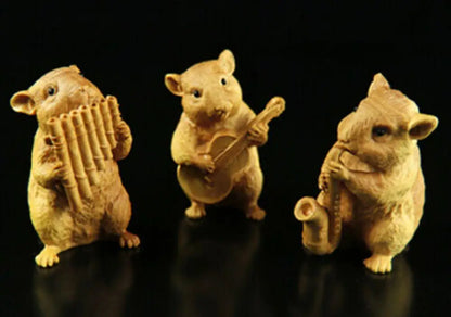 LS014 - 7 CM High Hand Carved Boxwood Carving Home Figurines : Set of 3 Mice Playing Music