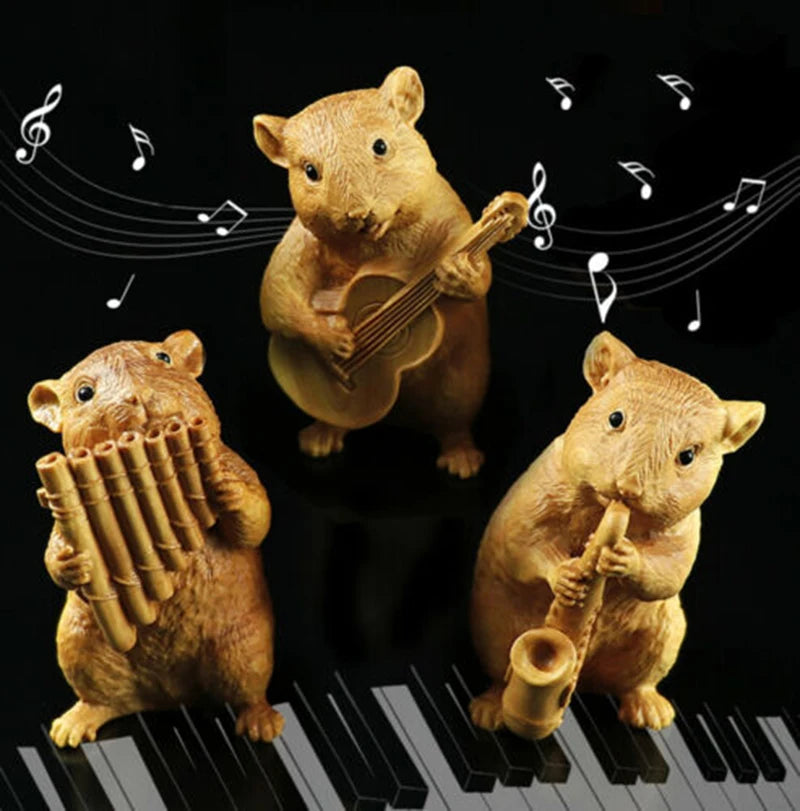LS014 - 7 CM High Hand Carved Boxwood Carving Home Figurines : Set of 3 Mice Playing Music