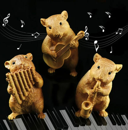 LS014 - 7 CM High Hand Carved Boxwood Carving Home Figurines : Set of 3 Mice Playing Music