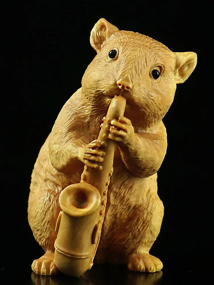 LS014 - 7 CM High Hand Carved Boxwood Carving Home Figurines : Set of 3 Mice Playing Music