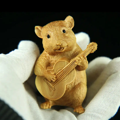 LS014 - 7 CM High Hand Carved Boxwood Carving Home Figurines : Set of 3 Mice Playing Music